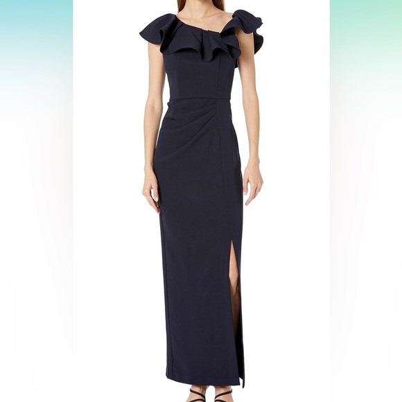 NWT Shoshanna Virginia Asymmetrical Ruffle Neckline Sheath Maxi Dress Size 0 - Picture 1 of 5